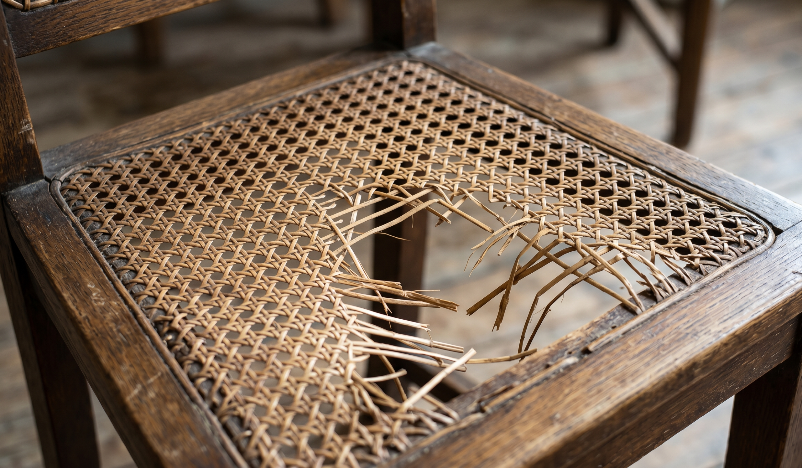 Close-up of an antique wooden chair with a heavily torn and frayed hand-woven rattan seat, exposing the empty frame underneath.
