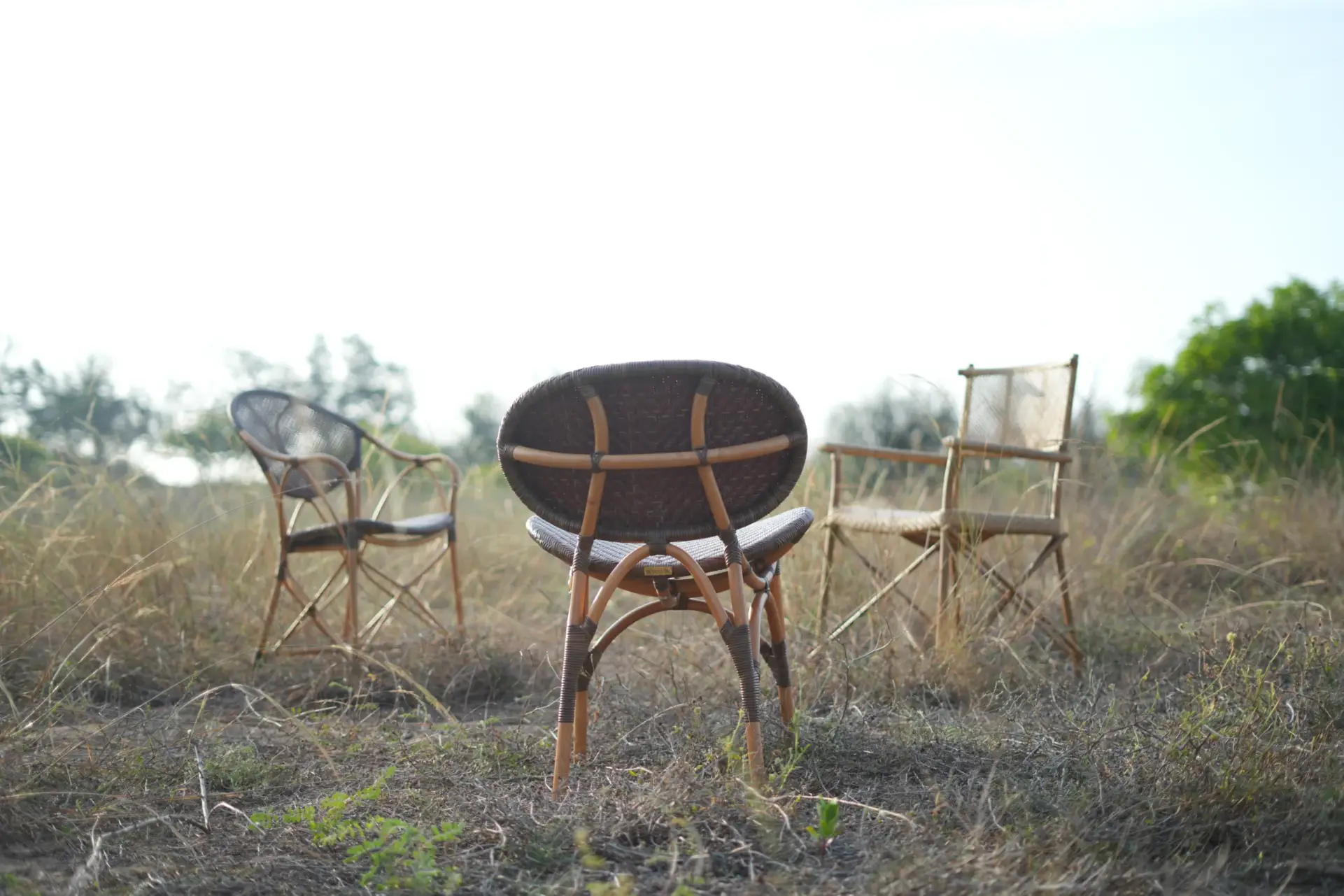 Three distinct rattan chairs built strictly from natural materials sitting in a dry grass field.